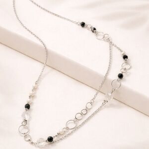 Long Silver Beaded Necklace | Minimalist White Clear Black Chain